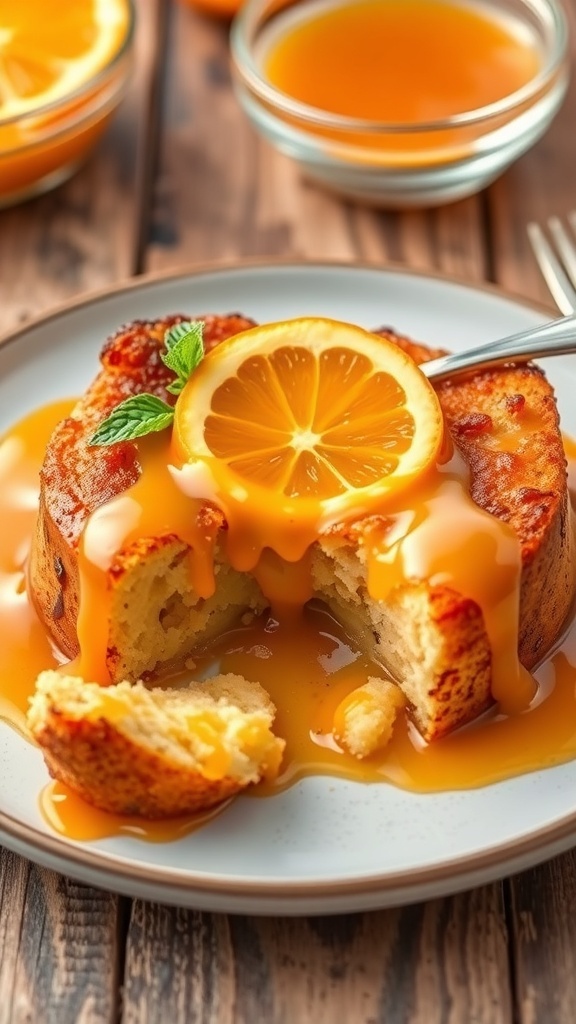 Bread Pudding with Orange Sauce Recipe Bread pudding topped with orange sauce, garnished with orange slice and mint, on a rustic table.